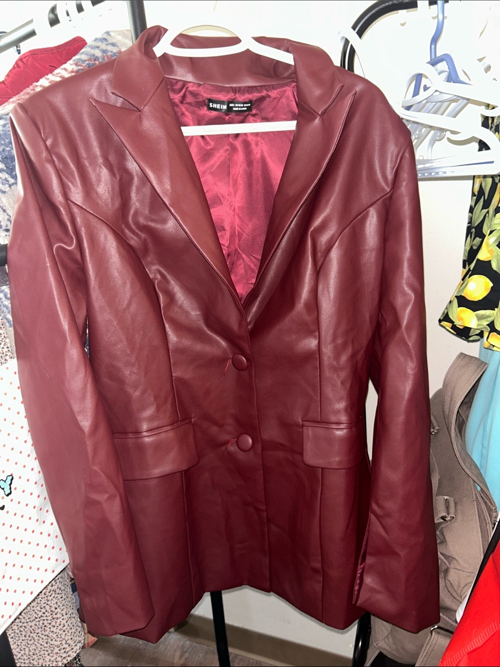 SHEIN Wine Faux Leather Blazer Jacket